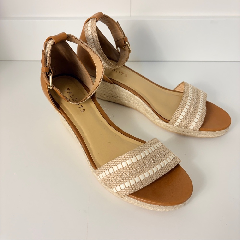 Talbots Tan Cream Espadrille Wedge Sandals Woven Ankle Strap Coastal - Picture 3 of 6